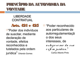 PRINCÍPIO DA AUTONOMIA DA
VONTADE
LIBERDADE
CONTRATUAL

Arts. 421 e 425
“Poder dos indivíduos
de suscitar, mediante
declaração de
vontade, efeitos
reconhecidos e
tutelados pela ordem
jurídica” Orlando Gomes




“Poder reconhecido
aos particulares de
autorregulamentaçã
o dos seus
interesses, de
a uto g o ve rno d a s ua
e s fe ra juríd ic a .”
Carlos Alberto Pinto

 