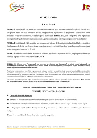  
GUIAC – Guia para Aplicação de Condições na Realização de Provas e Exames ‐ JNE 2016 
48 
 
NOTA	EXPLICATIVA	
FICHAS A e B
A	FICHA	A,	emitida	pelo	JNE,	constitui	um	instrumento	criado	para	efeito	de	não	penalização	na	classificação	
das	 provas	 finais	 de	 ciclo	 do	 ensino	 básico,	 das	 provas	 de	 equivalência	 à	 frequência	 e	 dos	 exames	 finais	
nacionais	do	ensino	secundário,	realizados	pelos	alunos	com	dislexia.	Esta,	com	a	respetiva	nota	explicativa,	
acompanha	obrigatoriamente	a	prova	ou	exame,	para	informação	e	orientação	ao	professor	classificador.		
A	FICHA	B,	emitida	pelo	JNE,	constitui	um	instrumento	interno	de	levantamento	das	dificuldades	específicas	
do	aluno	com	dislexia,	que	é	parte	integrante	do	seu	processo	individual,	funcionando	como	documento	de	
suporte	ao	preenchimento	da	ficha	A.	
A	FICHA	A	reflete	as	dificuldades	específicas	do	aluno,	ao	nível	da	expressão	escrita,	linguagem	quantitativa,	
leitura	e	expressão	oral,	assinalados	na	FICHA	B.	
_______________________________________________________________________________________________________________________________	
	
DISLEXIA	 foi	 definida	 como	 “incapacidade	 de	 processar	 os	 símbolos	 da	 linguagem”,	 ou	 ainda	 como	 “dificuldade	 na	
aprendizagem	da	leitura,	com	repercussão	na	escrita,	devida	a	causas	congénitas,	neurológicas,	ou,	na	maioria	dos	casos,	
devida	expressamente	à	imaturidade	cerebral”.	
	
Para	 iniciar	 e	 desenvolver	 com	 êxito	 o	 processo	 de	 leitura	 e	 escrita	 é	 necessário	 atingir	 uma	 certa	 maturidade	 nos	 domínios	
linguísticos,	motor,	psicomotor	e	percetivo,	bem	como	uma	dada	capacidade	de	concentração	da	atenção,	de	memorização	auditiva	e	
visual,	de	coordenação	visuomotora.	Em	cada	caso,	importa	situar	as	dificuldades	quer	quanto	aos	referidos	domínios	quer	quanto	à	
codificação	e	descodificação	da	linguagem	oral	e	ou	escrita	e	quantitativa.	
	
Um	mesmo	aluno	não	apresenta	todos	os	sintomas	que	se	aqui	se	referem,	podendo	apresentar	apenas	alguns	deles.	Num	caso	em	
que	surgem	apenas	um	ou	outro	destes	erros	ou	dificuldades	não	significa	que	exista	dislexia.	
	
Para melhor compreensão dos itens considerados, exemplificam-se diversas situações.
EXPRESSÃO	ESCRITA	–	FICHA	A	e	FICHA	B	
1. - Desenvolvimento Linguístico
1.1. expressa-se utilizando um vocabulário elementar para o nível escolar e área do conhecimento
1.2. constrói frases sintática e semanticamente incorretas ( por fim o frade comeu a sopa – por fim comer sopa)
1.3. a linguagem escrita reflete desorganização de pensamento (as ideias não se encadeiam, são dispersas,
desligadas)
1.4. expõe as suas ideias de forma abreviada, em estilo telegráfico
 