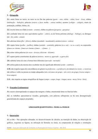  
GUIAC – Guia para Aplicação de Condições na Realização de Provas e Exames ‐ JNE 2016 
49 
 
2. - Ortografia
2.1. omite letras no início, no meio ou no fim das palavras (gosto - osto; sílaba - síaba; levar - leva), sílabas
(habitação - habição), palavras (estava a fazer malha - estava malha), acentos (colégio - colegio), sinais de
pontuação, cedilhas, hífens, etc.
2.2. inverte letras na sílaba (estante - setante), sílabas na palavra (pesquisa - quespisa)
2.3. confunde letras de sons equivalentes (gabar - cabar), ou de forma próxima (diálogo - biálogo), ou ditongos
(fui - foi; então - entam)
2.4. adiciona letras (flor - felore), sílabas (mandado - mandatado), acentos (estava - estáva)
2.5. repete letras (joelho - joellho), sílabas (sentido - sentitido), palavras (ia a sair - ia ia a sair), ou expressões
(fomos ao cinema - fomos ao cinema e fomos ... e fomos ...)
2.6. reúne várias palavras (às vezes - àsvezes; dizia-me - diziame)
2.7. separa partes constituintes da palavra (motora - motor-a; agarrado - a garra do)
2.8. substitui letras de sons e formas bem diferentes (mercado - mertado)
2.9. utiliza palavra da mesma área vocabular mas de significado diferente (avião - comboio)
2.10. não respeita regras de concordância em género (a professora - a professor), em número (os testes - o teste) ou
não utiliza o verbo na pessoa ou tempo adequados (nós corremos em grupo - nós corre em grupo; levava sempre -
leva sempre)
2.11. não respeita as regras ortográficas da língua (campo - canpo; longe - longue; mesa - meza; birra - bira).
3. - Traçados Grafomotores
3.1. escreve desrespeitando os espaços das margens e linhas, amontoando letras no final da linha
3.2. os trabalhos apresentam-se riscados, garatujados, com palavras sobrepostas ou há uma desorganização
generalizada dos espaços projetados.
LINGUAGEM	QUANTITATIVA	‐	FICHA	A	e	FICHA	B	
1. - Incorreções
1.1. a 1.4. – Nas operações efetuadas, no desenvolvimento de cálculos, na transição de dados, na observação de
gráficos, esquemas ou figuras, na utilização de fórmulas ou sinais, na compreensão de relações e orientações
 