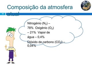 Composição da atmosfera
atual19
Nitrogénio (N2) –
78% Oxigénio (O2)
– 21% Vapor de
água – 0,4%
Dióxido de carbono (CO2) –
0,04%
 