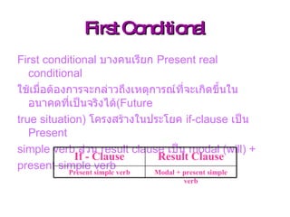 First Conditional First conditional  บางคนเรียก  Present real conditional  ใช้เมื่อต้องการจะกล่าวถึงเหตุการณ์ที่จะเกิดขึ้นในอนาคตที่เป็นจริงได้ (Future  true situation)   โครงสร้างในประโยค  if-clause  เป็น  Present  simple verb  ส่วน  result clause  เป็น  modal (will) +  present simple verb Modal + present simple verb Present simple   verb Result Clause If - Clause 