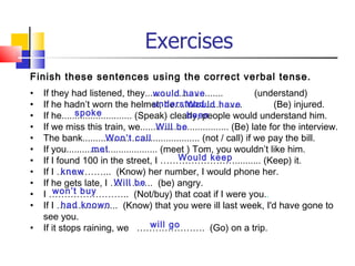 Exercises
Finish these sentences using the correct verbal tense.
•   If they had listened, they..............................
                                           would have                     (understand)
•                                          understood
    If he hadn’t worn the helmet, he..........................
                                                    Would have                (Be) injured.
•             spoke                                 been
    If he........................... (Speak) clearly, people would understand him.
•   If we miss this train, we.................................. (Be) late for the interview.
                                            Will be
•   The bank............................................. (not / call) if we pay the bill.
                          Won’t call
•   If you................................... (meet ) Tom, you wouldn’t like him.
                    met
•                                                Would keep
    If I found 100 in the street, I …………………….......... (Keep) it.
•   If I ……………... (Know) her number, I would phone her.
          knew
•                            Will be
    If he gets late, I ………….. (be) angry.
•       won’t buy
    I …………………….. (Not/buy) that coat if I were you..
•         had known
    If I ……………….. (Know) that you were ill last week, I'd have gone to
    see you.
•                                         will go
    If it stops raining, we …………………. (Go) on a trip.
 