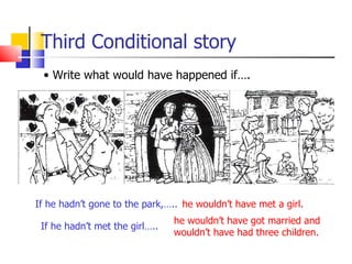 Third Conditional story
 • Write what would have happened if….




If he hadn’t gone to the park,….. he wouldn’t have met a girl.
                                he wouldn’t have got married and
 If he hadn’t met the girl…..
                                wouldn’t have had three children.
 
