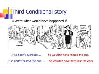 Third Conditional story
   • Write what would have happened if….




   If he hadn’t overslept…..     he wouldn’t have missed the bus.

If he hadn’t missed the bus…..   he wouldn’t have been late for work.
 