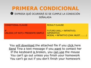 PRIMERA CONDICIONAL
    ✿   EXPRESA QUÉ OCURRIRÁ SI SE CUMPLE LA CONDICIÓN
                            SEÑALADA


CONDITIONAL CLAUSE                  RESULT CLAUSE

IF                                  FUTURO (WILL + INFINITIVO)
UNLESS (=IF NOT)+ PRESENTE SIMPLE   IMPERATIVO
                                    MODAL + INFINITIVO (CAN, MUST...........)




   You will download the attached file if you click here
   Send Tina a text message if you want to contact her
    If the keyboard is broken, you can use the mouse
    You can't go out unless you finish your homework
    You can't go out if you don't finish your homework
 