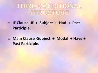o IF Clause -If + Subject + Had + Past
Participle.
o Main Clause -Subject + Modal + Have +
Past Participle.
 