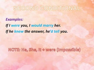 Examples:
If I were you, I would marry her.
If he knew the answer, he’d tell you.
 