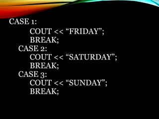 CASE 1:
COUT << “FRIDAY”;
BREAK;
CASE 2:
COUT << “SATURDAY”;
BREAK;
CASE 3:
COUT << “SUNDAY”;
BREAK;
 