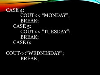 CASE 4:
COUT<< “MONDAY”;
BREAK;
CASE 5:
COUT<< “TUESDAY”;
BREAK;
CASE 6:
COUT<<“WEDNESDAY”;
BREAK;
 