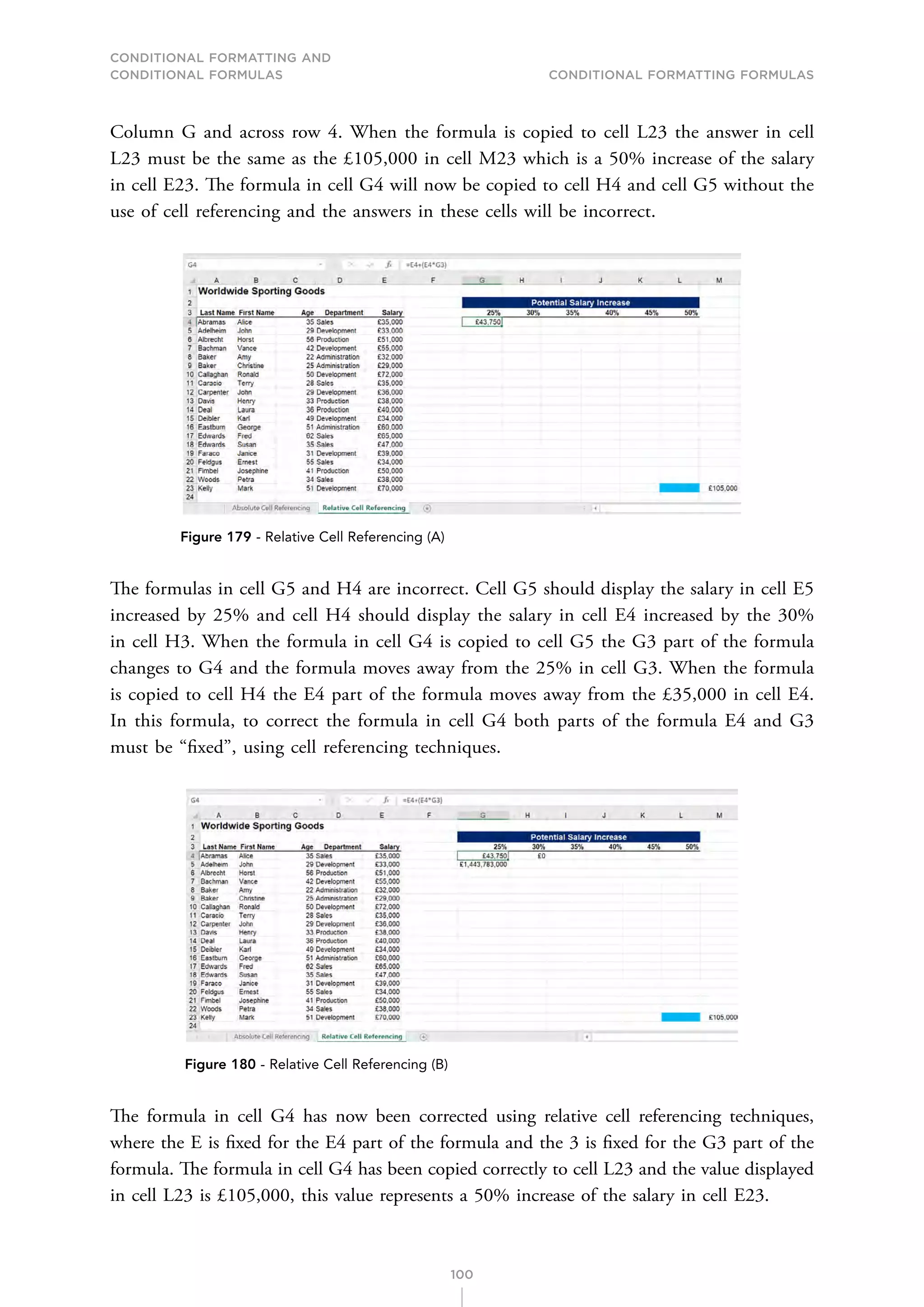 CONDITIONAL FORMATTING AND
CONDITIONAL FORMULAS Conditional Formatting Formulas
100
Column G and across row 4. When the formula is copied to cell L23 the answer in cell
L23 must be the same as the £105,000 in cell M23 which is a 50% increase of the salary
in cell E23. The formula in cell G4 will now be copied to cell H4 and cell G5 without the
use of cell referencing and the answers in these cells will be incorrect.
Figure 179 - Relative Cell Referencing (A)
The formulas in cell G5 and H4 are incorrect. Cell G5 should display the salary in cell E5
increased by 25% and cell H4 should display the salary in cell E4 increased by the 30%
in cell H3. When the formula in cell G4 is copied to cell G5 the G3 part of the formula
changes to G4 and the formula moves away from the 25% in cell G3. When the formula
is copied to cell H4 the E4 part of the formula moves away from the £35,000 in cell E4.
In this formula, to correct the formula in cell G4 both parts of the formula E4 and G3
must be “fixed”, using cell referencing techniques.
Figure 180 - Relative Cell Referencing (B)
The formula in cell G4 has now been corrected using relative cell referencing techniques,
where the E is fixed for the E4 part of the formula and the 3 is fixed for the G3 part of the
formula. The formula in cell G4 has been copied correctly to cell L23 and the value displayed
in cell L23 is £105,000, this value represents a 50% increase of the salary in cell E23.
 