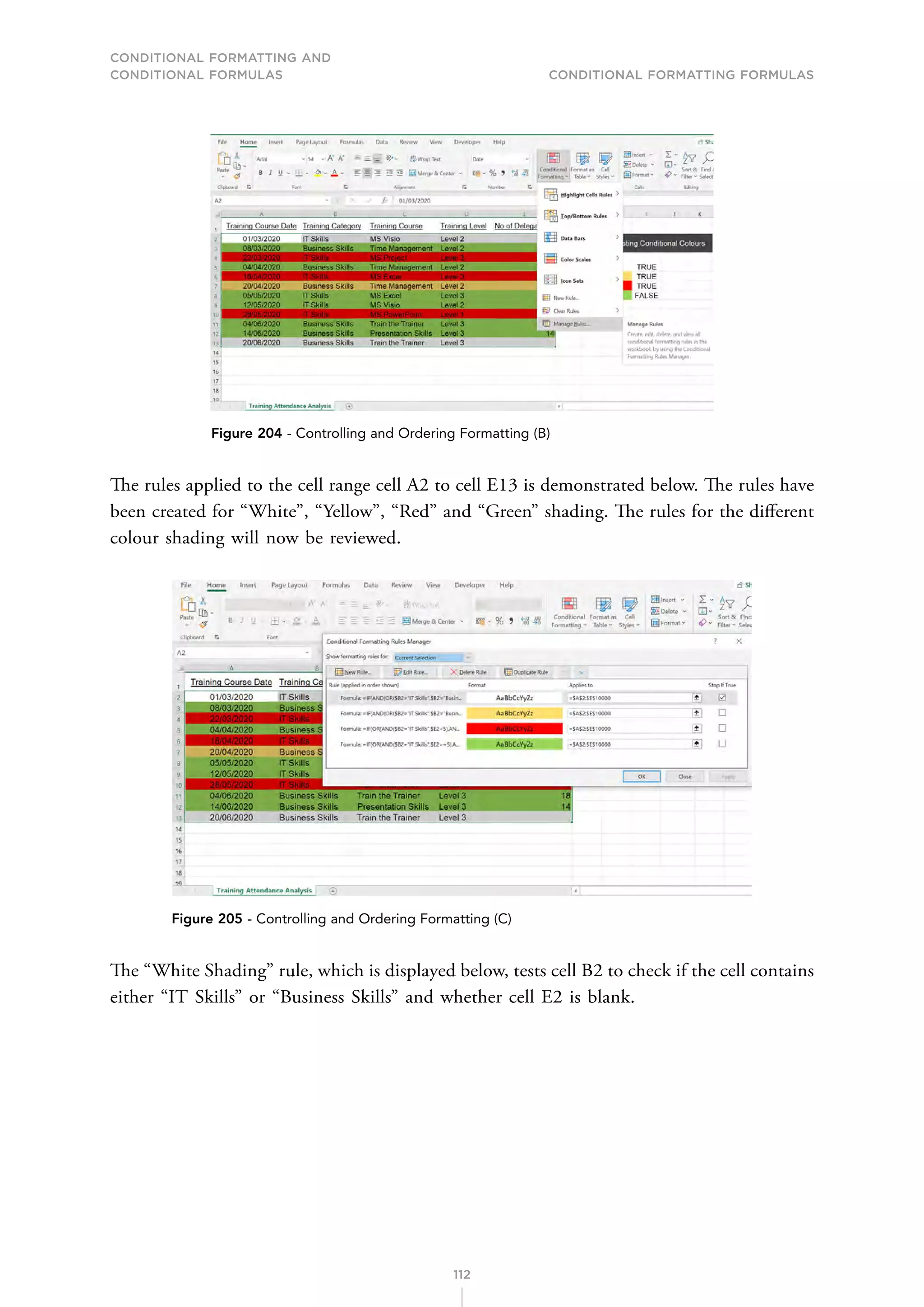 CONDITIONAL FORMATTING AND
CONDITIONAL FORMULAS Conditional Formatting Formulas
112
Figure 204 - Controlling and Ordering Formatting (B)
The rules applied to the cell range cell A2 to cell E13 is demonstrated below. The rules have
been created for “White”, “Yellow”, “Red” and “Green” shading. The rules for the different
colour shading will now be reviewed.
Figure 205 - Controlling and Ordering Formatting (C)
The “White Shading” rule, which is displayed below, tests cell B2 to check if the cell contains
either “IT Skills” or “Business Skills” and whether cell E2 is blank.
 