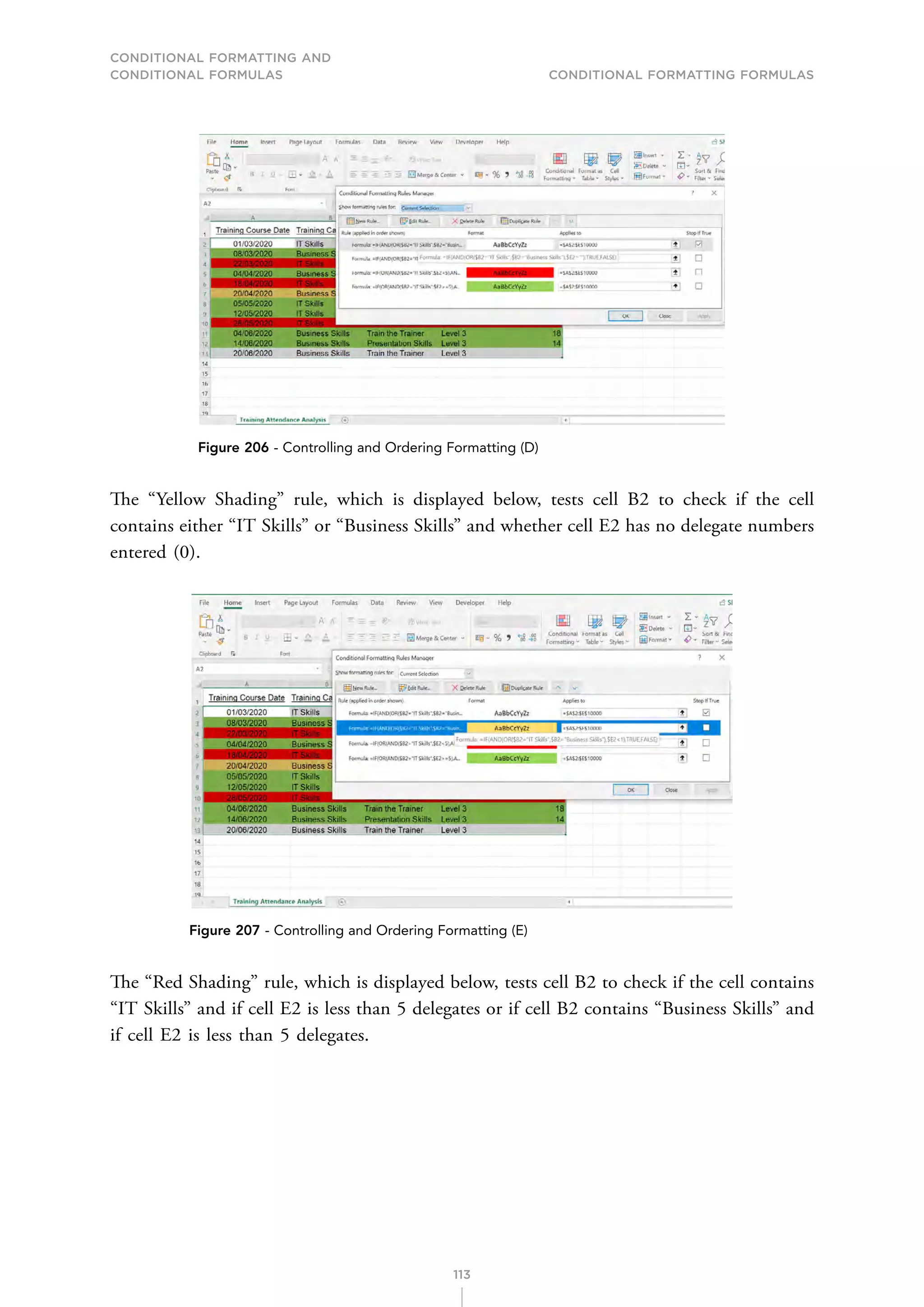 CONDITIONAL FORMATTING AND
CONDITIONAL FORMULAS Conditional Formatting Formulas
113
Figure 206 - Controlling and Ordering Formatting (D)
The “Yellow Shading” rule, which is displayed below, tests cell B2 to check if the cell
contains either “IT Skills” or “Business Skills” and whether cell E2 has no delegate numbers
entered (0).
Figure 207 - Controlling and Ordering Formatting (E)
The “Red Shading” rule, which is displayed below, tests cell B2 to check if the cell contains
“IT Skills” and if cell E2 is less than 5 delegates or if cell B2 contains “Business Skills” and
if cell E2 is less than 5 delegates.
 