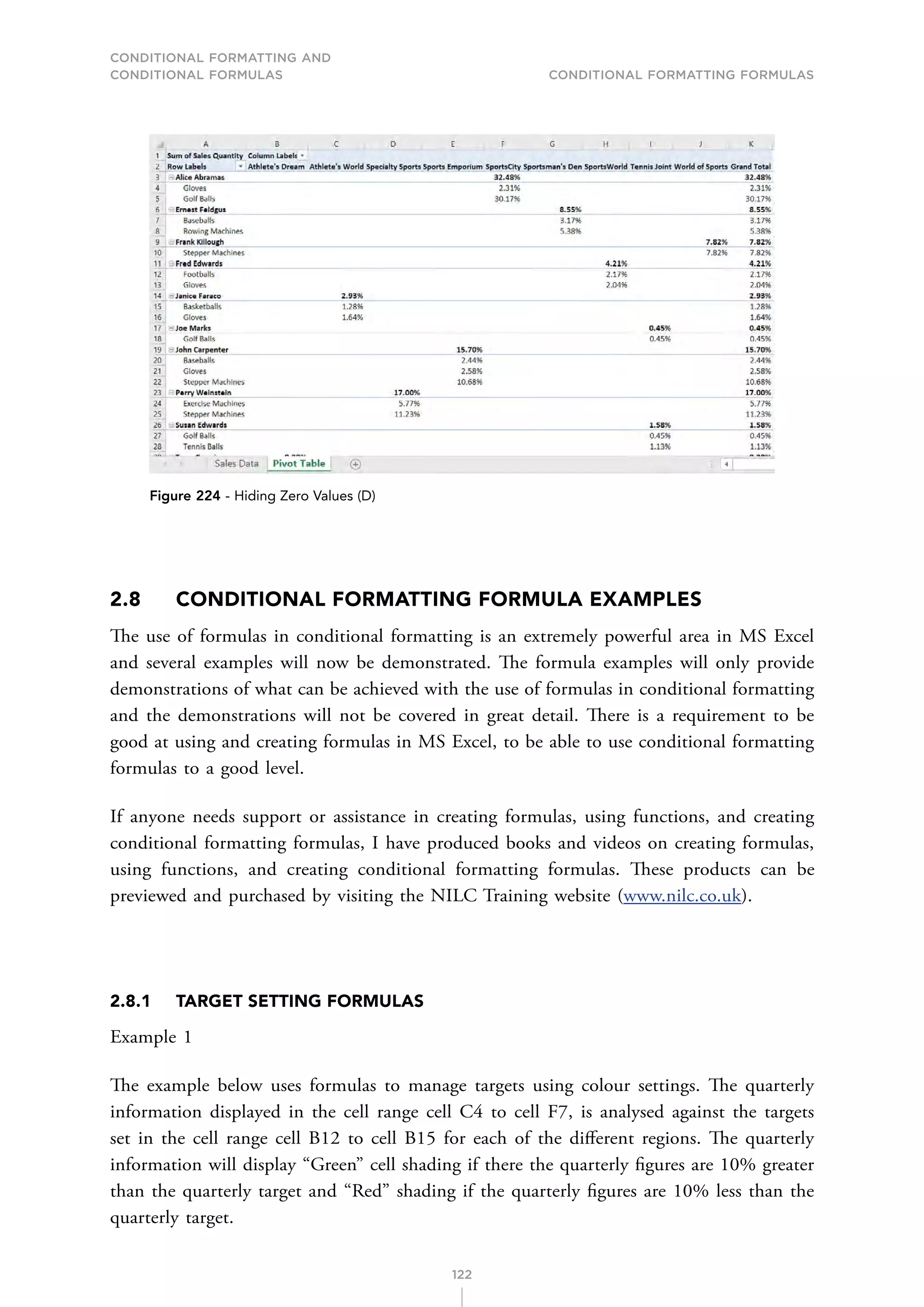 CONDITIONAL FORMATTING AND
CONDITIONAL FORMULAS Conditional Formatting Formulas
122
Figure 224 - Hiding Zero Values (D)
2.8 CONDITIONAL FORMATTING FORMULA EXAMPLES
The use of formulas in conditional formatting is an extremely powerful area in MS Excel
and several examples will now be demonstrated. The formula examples will only provide
demonstrations of what can be achieved with the use of formulas in conditional formatting
and the demonstrations will not be covered in great detail. There is a requirement to be
good at using and creating formulas in MS Excel, to be able to use conditional formatting
formulas to a good level.
If anyone needs support or assistance in creating formulas, using functions, and creating
conditional formatting formulas, I have produced books and videos on creating formulas,
using functions, and creating conditional formatting formulas. These products can be
previewed and purchased by visiting the NILC Training website (www.nilc.co.uk).
2.8.1 TARGET SETTING FORMULAS
Example 1
The example below uses formulas to manage targets using colour settings. The quarterly
information displayed in the cell range cell C4 to cell F7, is analysed against the targets
set in the cell range cell B12 to cell B15 for each of the different regions. The quarterly
information will display “Green” cell shading if there the quarterly figures are 10% greater
than the quarterly target and “Red” shading if the quarterly figures are 10% less than the
quarterly target.
 