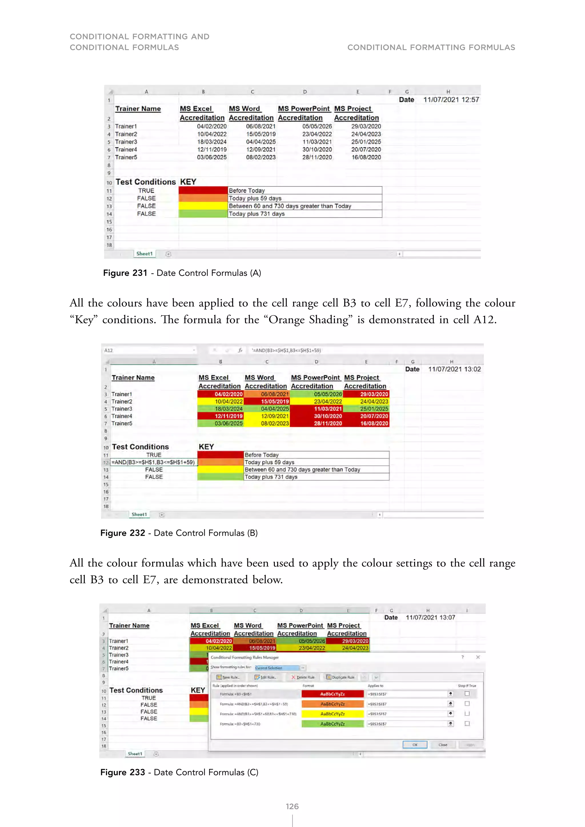 CONDITIONAL FORMATTING AND
CONDITIONAL FORMULAS Conditional Formatting Formulas
126
Figure 231 - Date Control Formulas (A)
All the colours have been applied to the cell range cell B3 to cell E7, following the colour
“Key” conditions. The formula for the “Orange Shading” is demonstrated in cell A12.
Figure 232 - Date Control Formulas (B)
All the colour formulas which have been used to apply the colour settings to the cell range
cell B3 to cell E7, are demonstrated below.
Figure 233 - Date Control Formulas (C)
 