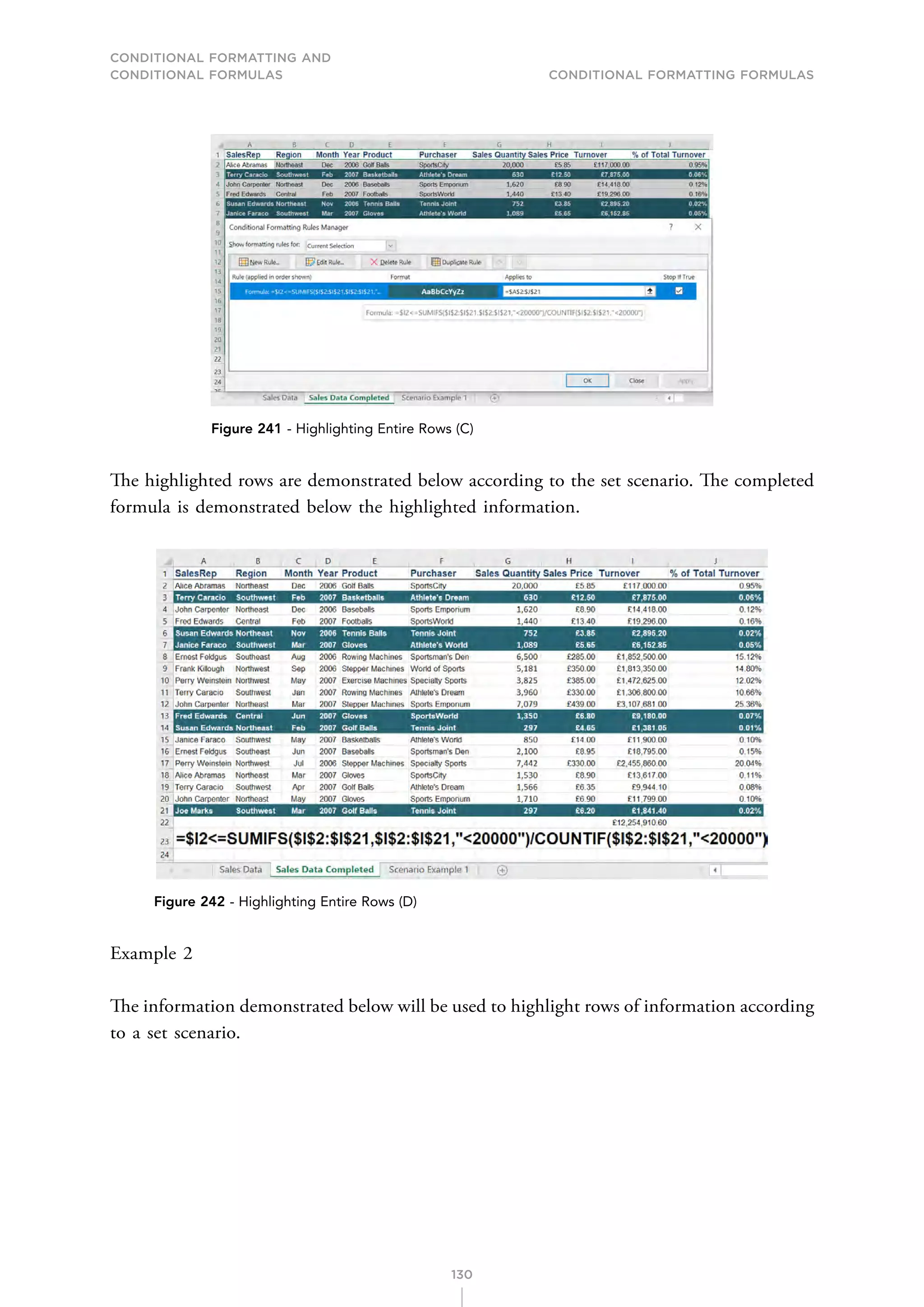 CONDITIONAL FORMATTING AND
CONDITIONAL FORMULAS Conditional Formatting Formulas
130
Figure 241 - Highlighting Entire Rows (C)
The highlighted rows are demonstrated below according to the set scenario. The completed
formula is demonstrated below the highlighted information.
Figure 242 - Highlighting Entire Rows (D)
Example 2
The information demonstrated below will be used to highlight rows of information according
to a set scenario.
 