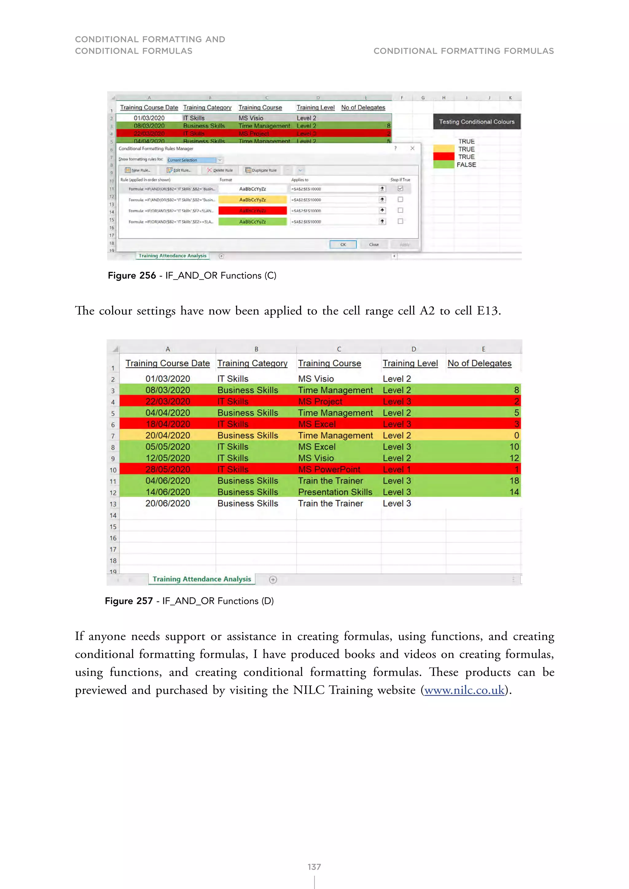 CONDITIONAL FORMATTING AND
CONDITIONAL FORMULAS Conditional Formatting Formulas
137
Figure 256 - IF_AND_OR Functions (C)
The colour settings have now been applied to the cell range cell A2 to cell E13.
Figure 257 - IF_AND_OR Functions (D)
If anyone needs support or assistance in creating formulas, using functions, and creating
conditional formatting formulas, I have produced books and videos on creating formulas,
using functions, and creating conditional formatting formulas. These products can be
previewed and purchased by visiting the NILC Training website (www.nilc.co.uk).
 