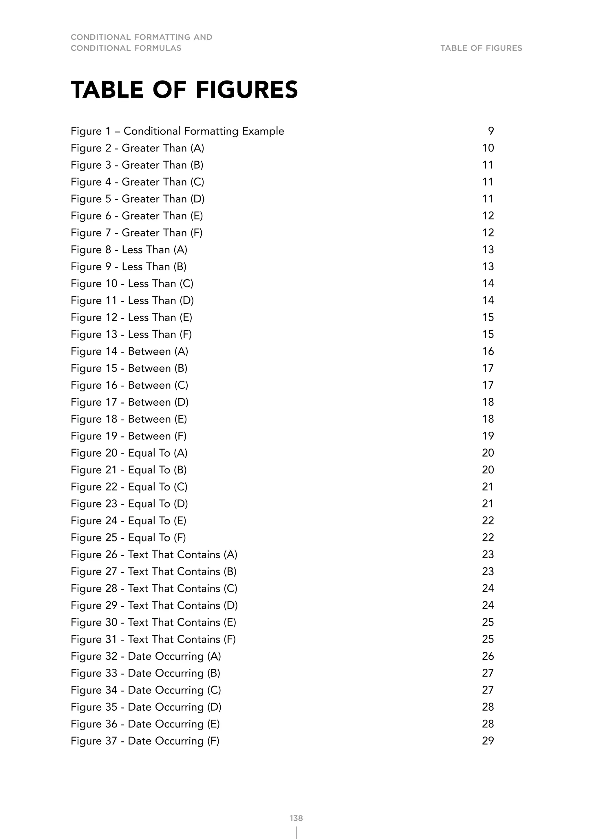 CONDITIONAL FORMATTING AND
CONDITIONAL FORMULAS Table of Figures
138
TABLE OF FIGURES
Figure 1 – Conditional Formatting Example 9
Figure 2 - Greater Than (A) 10
Figure 3 - Greater Than (B) 11
Figure 4 - Greater Than (C) 11
Figure 5 - Greater Than (D) 11
Figure 6 - Greater Than (E) 12
Figure 7 - Greater Than (F) 12
Figure 8 - Less Than (A) 13
Figure 9 - Less Than (B) 13
Figure 10 - Less Than (C) 14
Figure 11 - Less Than (D) 14
Figure 12 - Less Than (E) 15
Figure 13 - Less Than (F) 15
Figure 14 - Between (A) 16
Figure 15 - Between (B) 17
Figure 16 - Between (C) 17
Figure 17 - Between (D) 18
Figure 18 - Between (E) 18
Figure 19 - Between (F) 19
Figure 20 - Equal To (A) 20
Figure 21 - Equal To (B) 20
Figure 22 - Equal To (C) 21
Figure 23 - Equal To (D) 21
Figure 24 - Equal To (E) 22
Figure 25 - Equal To (F) 22
Figure 26 - Text That Contains (A) 23
Figure 27 - Text That Contains (B) 23
Figure 28 - Text That Contains (C) 24
Figure 29 - Text That Contains (D) 24
Figure 30 - Text That Contains (E) 25
Figure 31 - Text That Contains (F) 25
Figure 32 - Date Occurring (A) 26
Figure 33 - Date Occurring (B) 27
Figure 34 - Date Occurring (C) 27
Figure 35 - Date Occurring (D) 28
Figure 36 - Date Occurring (E) 28
Figure 37 - Date Occurring (F) 29
 