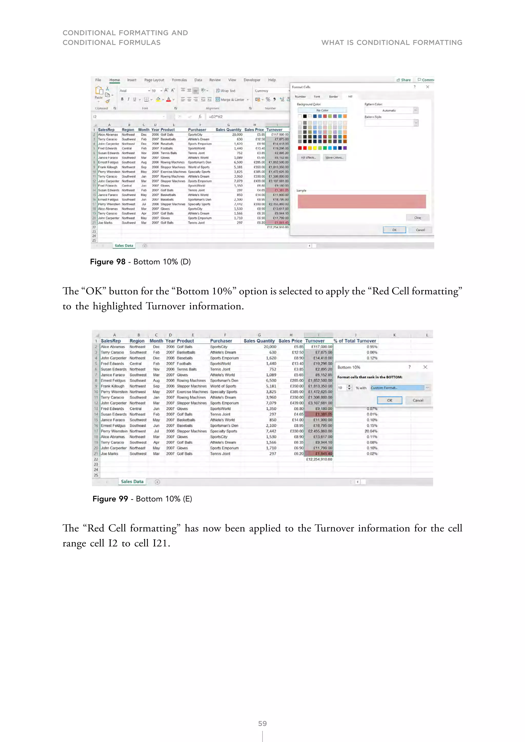 CONDITIONAL FORMATTING AND
CONDITIONAL FORMULAS What is Conditional Formatting
59
Figure 98 - Bottom 10% (D)
The “OK” button for the “Bottom 10%” option is selected to apply the “Red Cell formatting”
to the highlighted Turnover information.
Figure 99 - Bottom 10% (E)
The “Red Cell formatting” has now been applied to the Turnover information for the cell
range cell I2 to cell I21.
 