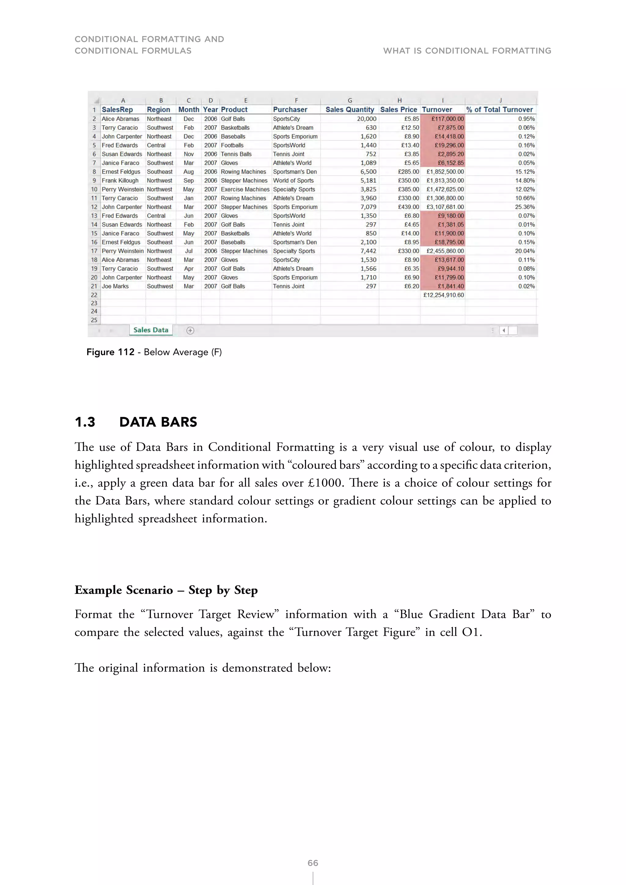 CONDITIONAL FORMATTING AND
CONDITIONAL FORMULAS What is Conditional Formatting
66
Figure 112 - Below Average (F)
1.3 DATA BARS
The use of Data Bars in Conditional Formatting is a very visual use of colour, to display
highlighted spreadsheet information with “coloured bars” according to a specific data criterion,
i.e., apply a green data bar for all sales over £1000. There is a choice of colour settings for
the Data Bars, where standard colour settings or gradient colour settings can be applied to
highlighted spreadsheet information.
Example Scenario – Step by Step
Format the “Turnover Target Review” information with a “Blue Gradient Data Bar” to
compare the selected values, against the “Turnover Target Figure” in cell O1.
The original information is demonstrated below:
 