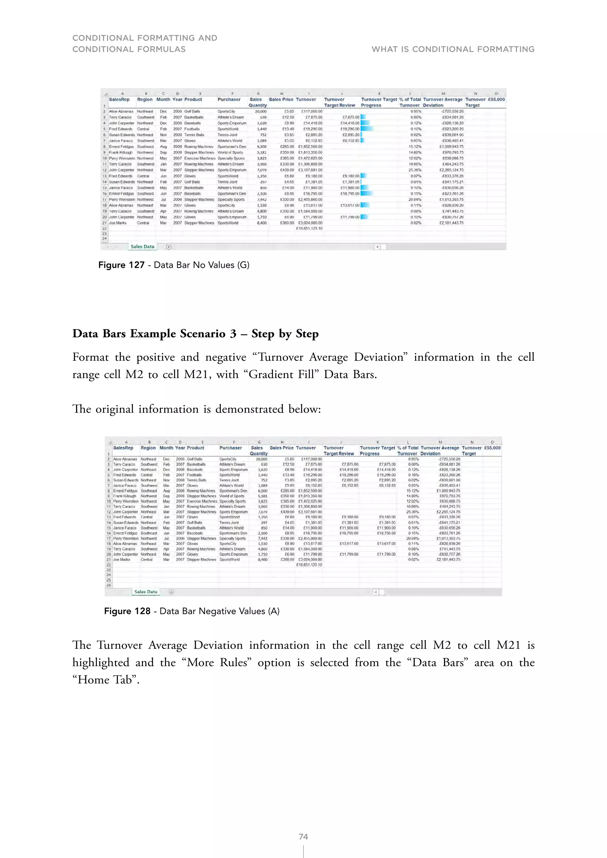 CONDITIONAL FORMATTING AND
CONDITIONAL FORMULAS What is Conditional Formatting
74
Figure 127 - Data Bar No Values (G)
Data Bars Example Scenario 3 – Step by Step
Format the positive and negative “Turnover Average Deviation” information in the cell
range cell M2 to cell M21, with “Gradient Fill” Data Bars.
The original information is demonstrated below:
Figure 128 - Data Bar Negative Values (A)
The Turnover Average Deviation information in the cell range cell M2 to cell M21 is
highlighted and the “More Rules” option is selected from the “Data Bars” area on the
“Home Tab”.
 