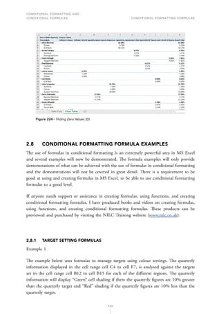 CONDITIONAL FORMATTING AND
CONDITIONAL FORMULAS Conditional Formatting Formulas
122
Figure 224 - Hiding Zero Values (D)
2.8 CONDITIONAL FORMATTING FORMULA EXAMPLES
The use of formulas in conditional formatting is an extremely powerful area in MS Excel
and several examples will now be demonstrated. The formula examples will only provide
demonstrations of what can be achieved with the use of formulas in conditional formatting
and the demonstrations will not be covered in great detail. There is a requirement to be
good at using and creating formulas in MS Excel, to be able to use conditional formatting
formulas to a good level.
If anyone needs support or assistance in creating formulas, using functions, and creating
conditional formatting formulas, I have produced books and videos on creating formulas,
using functions, and creating conditional formatting formulas. These products can be
previewed and purchased by visiting the NILC Training website (www.nilc.co.uk).
2.8.1 TARGET SETTING FORMULAS
Example 1
The example below uses formulas to manage targets using colour settings. The quarterly
information displayed in the cell range cell C4 to cell F7, is analysed against the targets
set in the cell range cell B12 to cell B15 for each of the different regions. The quarterly
information will display “Green” cell shading if there the quarterly figures are 10% greater
than the quarterly target and “Red” shading if the quarterly figures are 10% less than the
quarterly target.
 