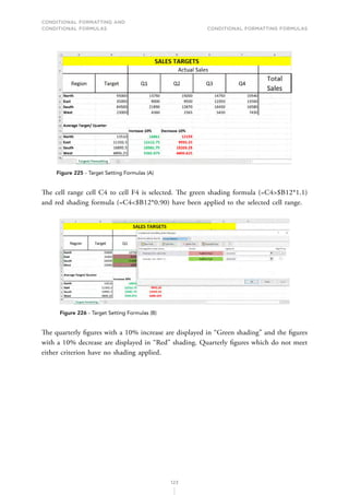 CONDITIONAL FORMATTING AND
CONDITIONAL FORMULAS Conditional Formatting Formulas
123
Figure 225 - Target Setting Formulas (A)
The cell range cell C4 to cell F4 is selected. The green shading formula (=C4$B12*1.1)
and red shading formula (=C4$B12*0.90) have been applied to the selected cell range.
Figure 226 - Target Setting Formulas (B)
The quarterly figures with a 10% increase are displayed in “Green shading” and the figures
with a 10% decrease are displayed in “Red” shading. Quarterly figures which do not meet
either criterion have no shading applied.
 