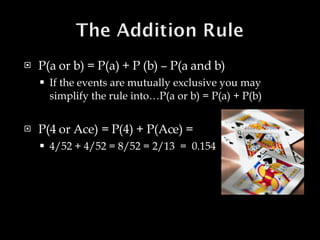 P(a or b) = P(a) + P (b) – P(a and b) If the events are mutually exclusive you may simplify the rule into…P(a or b) = P(a) + P(b) P(4 or Ace) = P(4) + P(Ace) =  4/52 + 4/52 = 8/52 = 2/13  =  0.154 