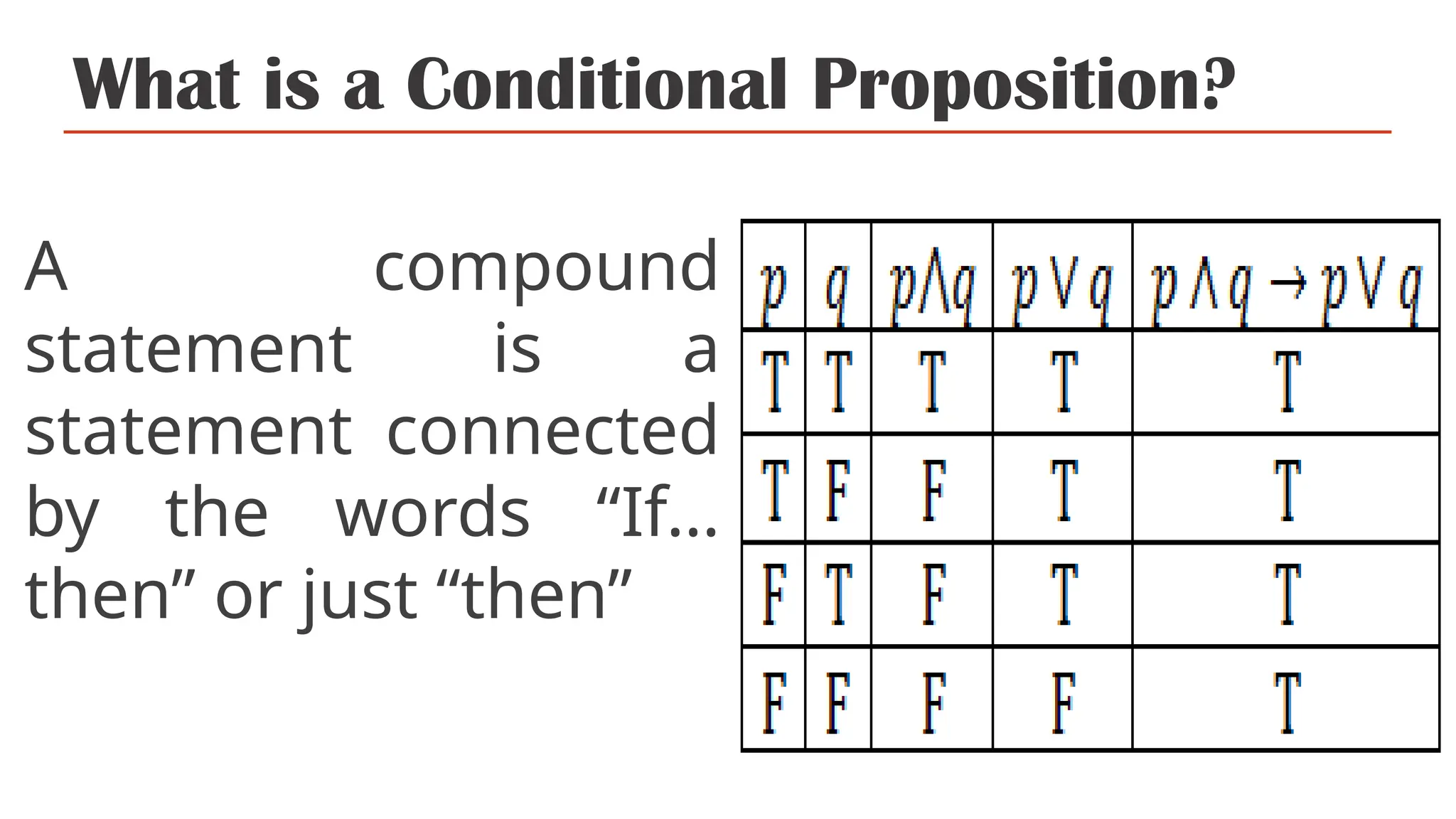 What is a Conditional Proposition?
A compound
statement is a
statement connected
by the words “If…
then” or just “then”
 