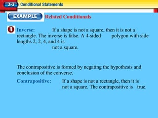 Inverse: If a shape is not a square, then it is not a  rectangle. The inverse is false. A 4-sided  polygon with side lengths 2, 2, 4, and 4 is  not a square. The contrapositive is formed by negating the hypothesis and conclusion of the converse. Contrapositive: If a shape is not a rectangle, then it is  not a square. The contrapositive is  true. Related Conditionals 