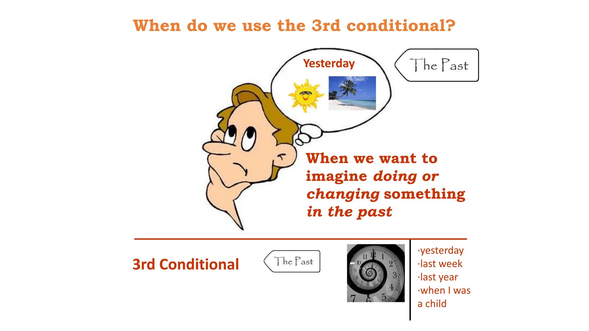 When do we use the 3rd conditional?
·yesterday
·last week
·last year
·when I was
a child
3rd Conditional
When we want to
imagine doing or
changing something
in the past
Yesterday
 