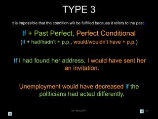 Ms. MLeo/2014 11
TYPE 3
It is impossible that the condition will be fulfilled because it refers to the past.
If + Past Perfect, Perfect Conditional
(If + had/hadn’t + p.p., would/wouldn’t have + p.p.)
If I had found her address, I would have sent her
an invitation.
Unemployment would have decreased if the
politicians had acted differently.
 