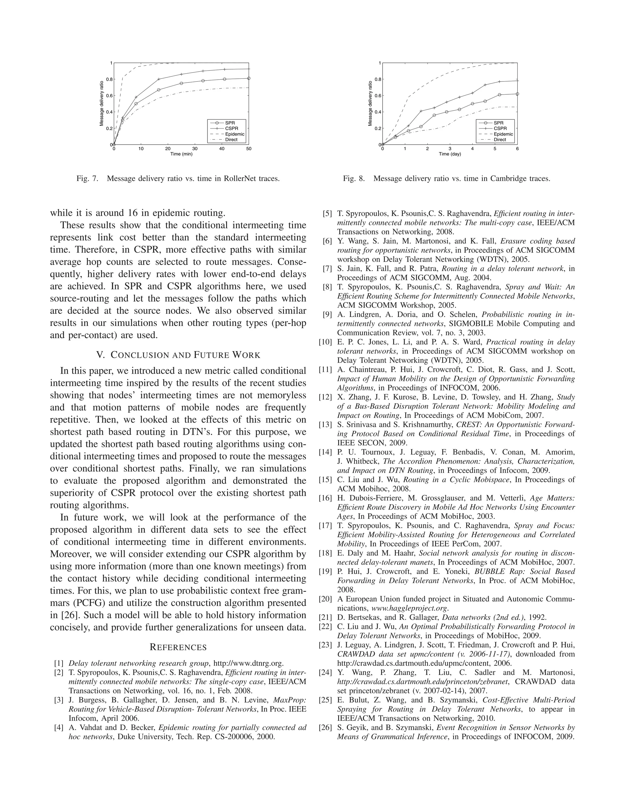 1                                                                                                 1


                                          0.8                                                                                               0.8



                 Message delivery ratio




                                                                                                                   Message delivery ratio
                                          0.6                                                                                               0.6


                                          0.4                                                                                               0.4

                                                                                  SPR                                                                                           SPR
                                          0.2                                     CSPR                                                      0.2                                 CSPR
                                                                                  Epidemic                                                                                      Epidemic
                                                                                  Direct                                                                                        Direct
                                           0                                                                                                 0
                                                0   10      20          30   40              50                                                   0   1    2       3        4   5          6
                                                              Time (min)                                                                                       Time (day)




       Fig. 7.                            Message delivery ratio vs. time in RollerNet traces.           Fig. 8.                            Message delivery ratio vs. time in Cambridge traces.



while it is around 16 in epidemic routing.                                                         [5] T. Spyropoulos, K. Psounis,C. S. Raghavendra, Efﬁcient routing in inter-
   These results show that the conditional intermeeting time                                           mittently connected mobile networks: The multi-copy case, IEEE/ACM
                                                                                                       Transactions on Networking, 2008.
represents link cost better than the standard intermeeting                                         [6] Y. Wang, S. Jain, M. Martonosi, and K. Fall, Erasure coding based
time. Therefore, in CSPR, more effective paths with similar                                            routing for opportunistic networks, in Proceedings of ACM SIGCOMM
average hop counts are selected to route messages. Conse-                                              workshop on Delay Tolerant Networking (WDTN), 2005.
                                                                                                   [7] S. Jain, K. Fall, and R. Patra, Routing in a delay tolerant network, in
quently, higher delivery rates with lower end-to-end delays                                            Proceedings of ACM SIGCOMM, Aug. 2004.
are achieved. In SPR and CSPR algorithms here, we used                                             [8] T. Spyropoulos, K. Psounis,C. S. Raghavendra, Spray and Wait: An
source-routing and let the messages follow the paths which                                             Efﬁcient Routing Scheme for Intermittently Connected Mobile Networks,
                                                                                                       ACM SIGCOMM Workshop, 2005.
are decided at the source nodes. We also observed similar                                          [9] A. Lindgren, A. Doria, and O. Schelen, Probabilistic routing in in-
results in our simulations when other routing types (per-hop                                           termittently connected networks, SIGMOBILE Mobile Computing and
and per-contact) are used.                                                                             Communication Review, vol. 7, no. 3, 2003.
                                                                                                  [10] E. P. C. Jones, L. Li, and P. A. S. Ward, Practical routing in delay
                                                                                                       tolerant networks, in Proceedings of ACM SIGCOMM workshop on
             V. C ONCLUSION AND F UTURE W ORK                                                          Delay Tolerant Networking (WDTN), 2005.
   In this paper, we introduced a new metric called conditional                                   [11] A. Chaintreau, P. Hui, J. Crowcroft, C. Diot, R. Gass, and J. Scott,
                                                                                                       Impact of Human Mobility on the Design of Opportunistic Forwarding
intermeeting time inspired by the results of the recent studies                                        Algorithms, in Proceedings of INFOCOM, 2006.
showing that nodes’ intermeeting times are not memoryless                                         [12] X. Zhang, J. F. Kurose, B. Levine, D. Towsley, and H. Zhang, Study
and that motion patterns of mobile nodes are frequently                                                of a Bus-Based Disruption Tolerant Network: Mobility Modeling and
                                                                                                       Impact on Routing, In Proceedings of ACM MobiCom, 2007.
repetitive. Then, we looked at the effects of this metric on                                      [13] S. Srinivasa and S. Krishnamurthy, CREST: An Opportunistic Forward-
shortest path based routing in DTN’s. For this purpose, we                                             ing Protocol Based on Conditional Residual Time, in Proceedings of
updated the shortest path based routing algorithms using con-                                          IEEE SECON, 2009.
                                                                                                  [14] P. U. Tournoux, J. Leguay, F. Benbadis, V. Conan, M. Amorim,
ditional intermeeting times and proposed to route the messages                                         J. Whitbeck, The Accordion Phenomenon: Analysis, Characterization,
over conditional shortest paths. Finally, we ran simulations                                           and Impact on DTN Routing, in Proceedings of Infocom, 2009.
to evaluate the proposed algorithm and demonstrated the                                           [15] C. Liu and J. Wu, Routing in a Cyclic Mobispace, In Proceedings of
                                                                                                       ACM Mobihoc, 2008.
superiority of CSPR protocol over the existing shortest path                                      [16] H. Dubois-Ferriere, M. Grossglauser, and M. Vetterli, Age Matters:
routing algorithms.                                                                                    Efﬁcient Route Discovery in Mobile Ad Hoc Networks Using Encounter
   In future work, we will look at the performance of the                                              Ages, In Proceedings of ACM MobiHoc, 2003.
                                                                                                  [17] T. Spyropoulos, K. Psounis, and C. Raghavendra, Spray and Focus:
proposed algorithm in different data sets to see the effect                                            Efﬁcient Mobility-Assisted Routing for Heterogeneous and Correlated
of conditional intermeeting time in different environments.                                            Mobility, In Proceedings of IEEE PerCom, 2007.
Moreover, we will consider extending our CSPR algorithm by                                        [18] E. Daly and M. Haahr, Social network analysis for routing in discon-
                                                                                                       nected delay-tolerant manets, In Proceedings of ACM MobiHoc, 2007.
using more information (more than one known meetings) from                                        [19] P. Hui, J. Crowcroft, and E. Yoneki, BUBBLE Rap: Social Based
the contact history while deciding conditional intermeeting                                            Forwarding in Delay Tolerant Networks, In Proc. of ACM MobiHoc,
times. For this, we plan to use probabilistic context free gram-                                       2008.
                                                                                                  [20] A European Union funded project in Situated and Autonomic Commu-
mars (PCFG) and utilize the construction algorithm presented                                           nications, www.haggleproject.org.
in [26]. Such a model will be able to hold history information                                    [21] D. Bertsekas, and R. Gallager, Data networks (2nd ed.), 1992.
concisely, and provide further generalizations for unseen data.                                   [22] C. Liu and J. Wu, An Optimal Probabilistically Forwarding Protocol in
                                                                                                       Delay Tolerant Networks, in Proceedings of MobiHoc, 2009.
                                                         R EFERENCES                              [23] J. Leguay, A. Lindgren, J. Scott, T. Friedman, J. Crowcroft and P. Hui,
                                                                                                       CRAWDAD data set upmc/content (v. 2006-11-17), downloaded from
 [1] Delay tolerant networking research group, http://www.dtnrg.org.                                   http://crawdad.cs.dartmouth.edu/upmc/content, 2006.
 [2] T. Spyropoulos, K. Psounis,C. S. Raghavendra, Efﬁcient routing in inter-                     [24] Y. Wang, P. Zhang, T. Liu, C. Sadler and M. Martonosi,
     mittently connected mobile networks: The single-copy case, IEEE/ACM                               http://crawdad.cs.dartmouth.edu/princeton/zebranet, CRAWDAD data
     Transactions on Networking, vol. 16, no. 1, Feb. 2008.                                            set princeton/zebranet (v. 2007-02-14), 2007.
 [3] J. Burgess, B. Gallagher, D. Jensen, and B. N. Levine, MaxProp:                              [25] E. Bulut, Z. Wang, and B. Szymanski, Cost-Effective Multi-Period
     Routing for Vehicle-Based Disruption- Tolerant Networks, In Proc. IEEE                            Spraying for Routing in Delay Tolerant Networks, to appear in
     Infocom, April 2006.                                                                              IEEE/ACM Transactions on Networking, 2010.
 [4] A. Vahdat and D. Becker, Epidemic routing for partially connected ad                         [26] S. Geyik, and B. Szymanski, Event Recognition in Sensor Networks by
     hoc networks, Duke University, Tech. Rep. CS-200006, 2000.                                        Means of Grammatical Inference, in Proceedings of INFOCOM, 2009.
 