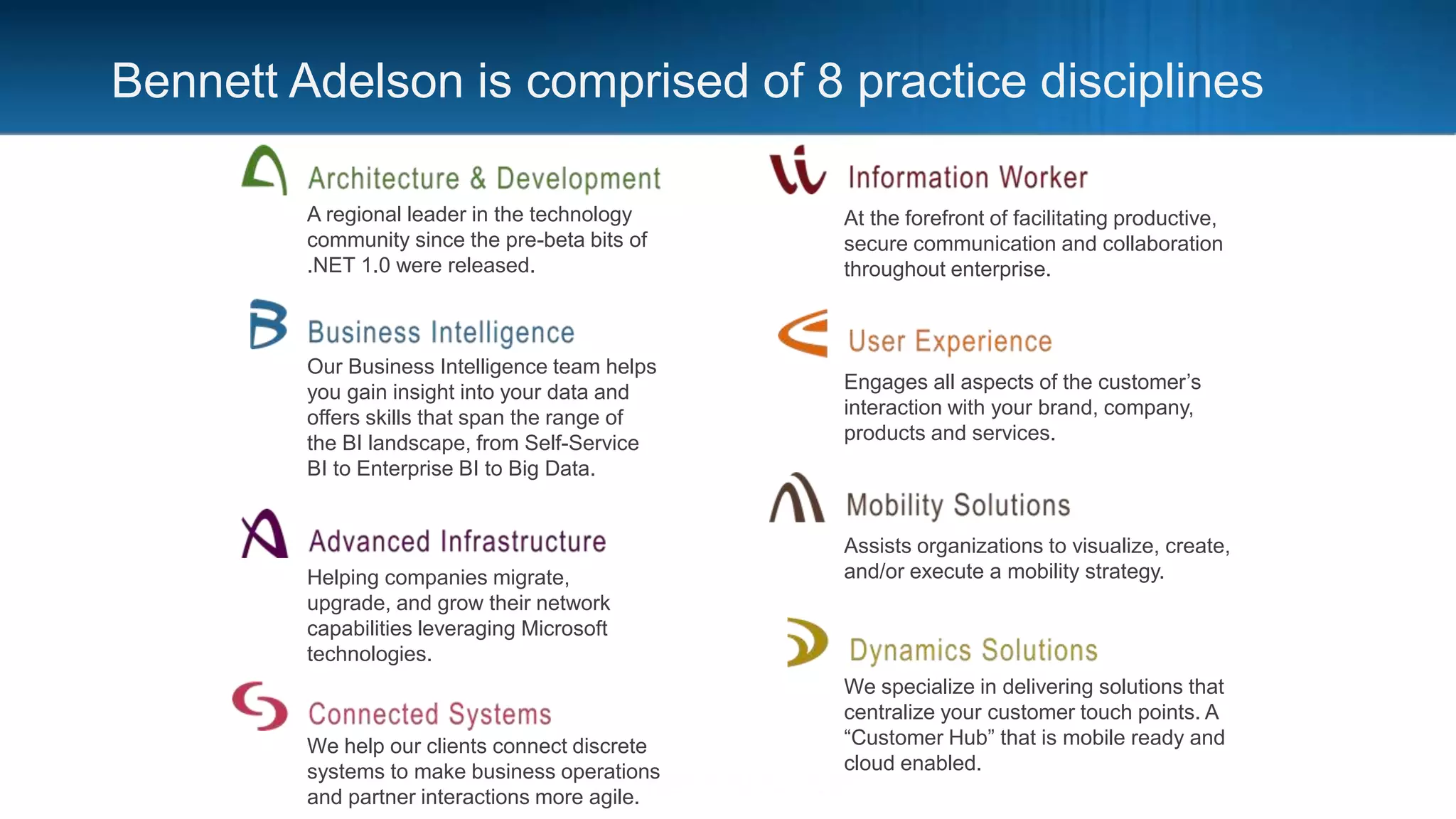 At the forefront of facilitating productive,
secure communication and collaboration
throughout enterprise.
A regional leader in the technology
community since the pre-beta bits of
.NET 1.0 were released.
Our Business Intelligence team helps
you gain insight into your data and
offers skills that span the range of
the BI landscape, from Self-Service
BI to Enterprise BI to Big Data.
Helping companies migrate,
upgrade, and grow their network
capabilities leveraging Microsoft
technologies.
We help our clients connect discrete
systems to make business operations
and partner interactions more agile.
Assists organizations to visualize, create,
and/or execute a mobility strategy.
Engages all aspects of the customer’s
interaction with your brand, company,
products and services.
We specialize in delivering solutions that
centralize your customer touch points. A
“Customer Hub” that is mobile ready and
cloud enabled.
Bennett Adelson is comprised of 8 practice disciplines
 