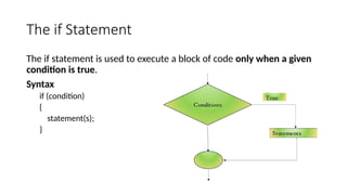 The if Statement
The if statement is used to execute a block of code only when a given
condition is true.
Syntax
if (condition)
{
statement(s);
}
 