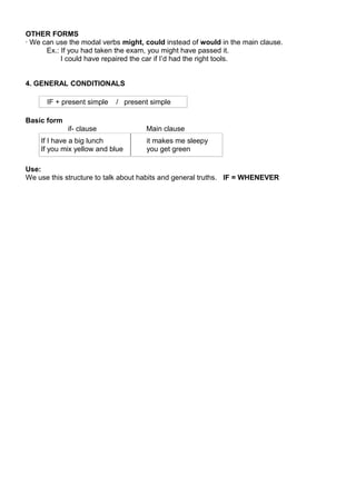 OTHER FORMS
· We can use the modal verbs might, could instead of would in the main clause.
Ex.: If you had taken the exam, you might have passed it.
I could have repaired the car if I’d had the right tools.
4. GENERAL CONDITIONALS
IF + present simple / present simple
Basic form
if- clause Main clause
If I have a big lunch
If you mix yellow and blue
it makes me sleepy
you get green
Use:
We use this structure to talk about habits and general truths. IF = WHENEVER
 