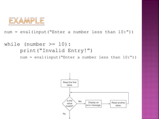 num = eval(input(“Enter a number less than 10:”))
while (number >= 10):
print(“Invalid Entry!”)
num = eval(input(“Enter a number less than 10:”))
 