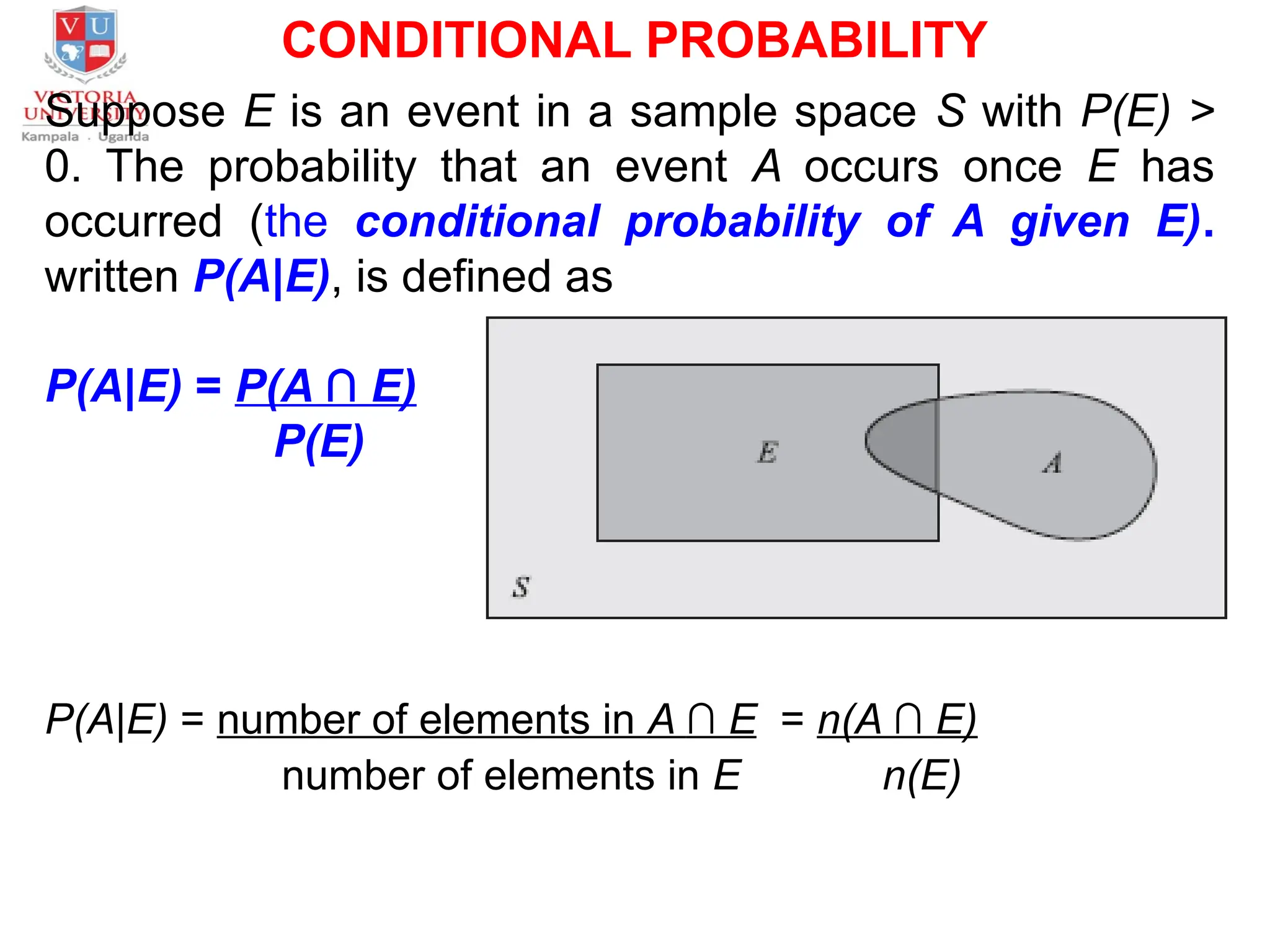CONDITIONAL PROBABILITY
Suppose E is an event in a sample space S with P(E) >
0. The probability that an event A occurs once E has
occurred (the conditional probability of A given E).
written P(A|E), is defined as
P(A|E) = P(A ∩ E)
P(E)
P(A|E) = number of elements in A ∩ E = n(A ∩ E)
number of elements in E n(E)
 