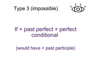 Type 3 (impossible)‏ If + past perfect + perfect conditional  (would have + past participle)‏ 