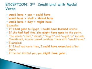  would have + can = could have
 would have + shall = should have
 would have + may = might have

Examples:
 If I had gone to Egypt, I could have learned Arabic.
 If she had had time, she might have gone to the party.
 The words "could," should," "might" and "ought to" include
  Conditional, so you cannot combine them with "would have."
 Examples:
 If I had had more time, I could have exercised after
  work.
 If he had invited you, you might have gone.
 