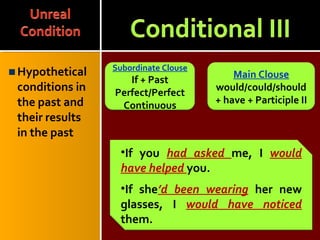 Hypothetical
conditions in
the past and
their results
in the past
Main Clouse
would/could/should
+ have + Participle II
Subordinate Clouse
If + Past
Perfect/Perfect
Continuous
•If you had asked me, I would
have helped you.
•If she’d been wearing her new
glasses, I would have noticed
them.
 