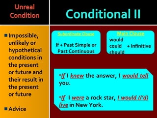 Impossible,
unlikely or
hypothetical
conditions in
the present
or future and
their result in
the present
or future
Advice
Main Clouse
would
could + Infinitive
should
Subordinate Clouse
If + Past Simple or
Past Continuous
•If I knew the answer, I would tell
you.
•If I were a rock star, I would (I’d)
live in New York.
 