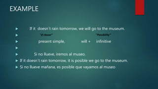 EXAMPLE
 If it doesn´t rain tomorrow, we will go to the museum.

 present simple, will + infinitive

 Si no llueve, iremos al museo.
 If it doesn´t rain tomorrow, it is posible we go to the museum.
 Si no llueve mañana, es posible que vayamos al museo
“If clause” “Possibility”
 