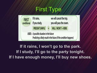 First Type
If it rains, I won’t go to the park.
If I study, I’ll go to the party tonight.
If I have enough money, I’ll buy...
