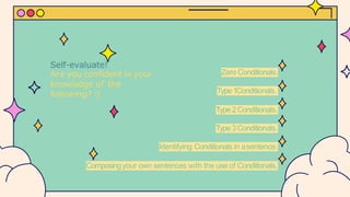 Self-evaluate!
Are you confident in your
knowledge of the
following? :)
Zero Conditionals.
Type1Conditionals.
Type2Conditionals.
Type3Conditionals.
Identifying Conditionals in asentence.
Composingyour own sentences with the use of Conditionals.
 