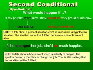 Second Conditional
(Hypothetical)

What would happen if…?

If my parents were alive, they would be very proud of me now.
PAST SIMPLE

WOULD + INFINITIVE

USE: To talk about a present situation which is impossible, a hypothetical
situation. The situation cannot be fulfilled because my parents are not
alive.

If she changed her job, she'd be much happier.
USE: To talk about a future event which is unlikely to happen. The
speaker doesn`t expect her to change her job. That is, it is unlikely that
the condition will be fulfilled.

 