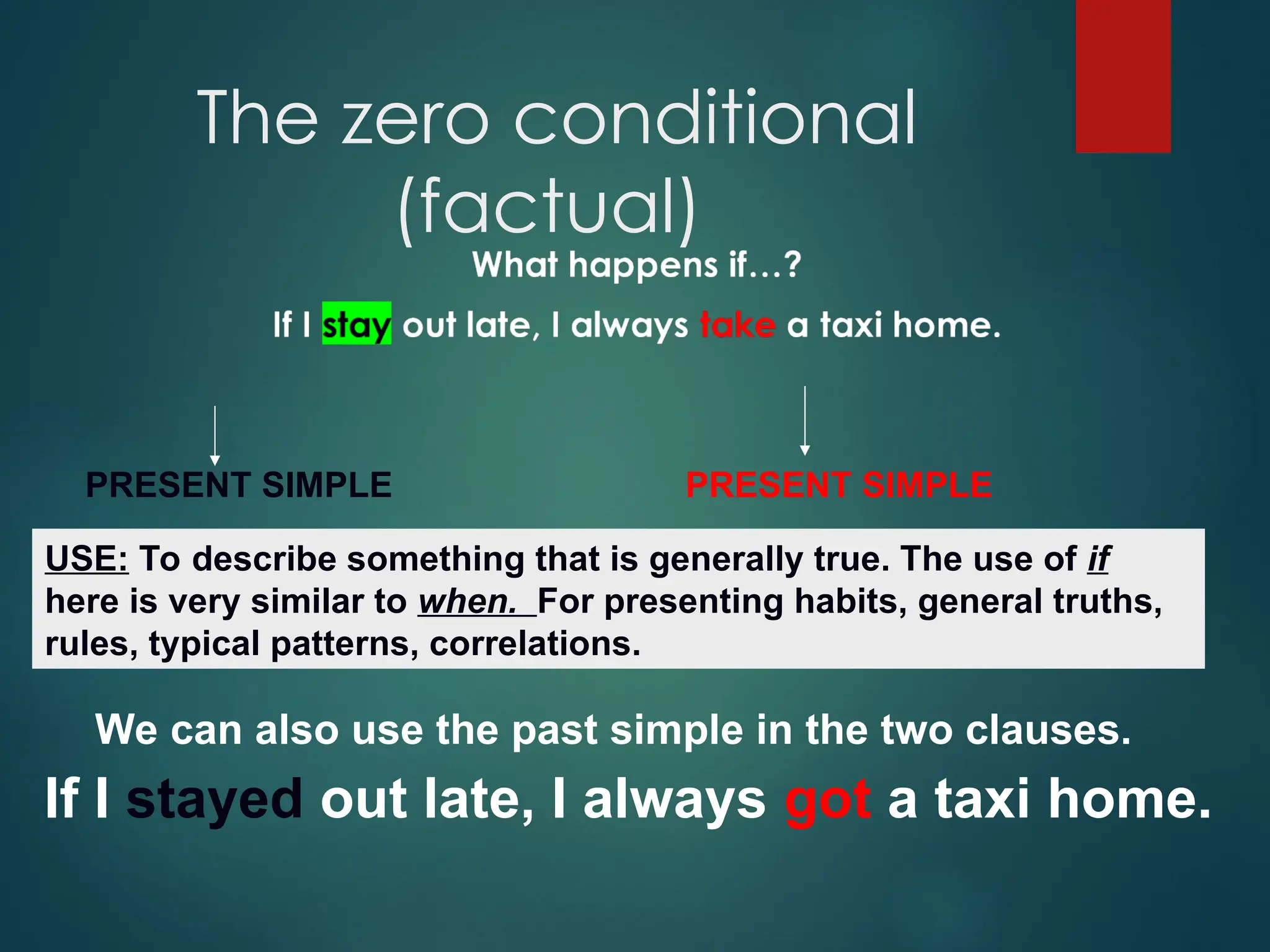 The zero conditional
(factual)
PRESENT SIMPLE PRESENT SIMPLE
USE: To describe something that is generally true. The use of if
here is very similar to when. For presenting habits, general truths,
rules, typical patterns, correlations.
We can also use the past simple in the two clauses.
If I stayed out late, I always got a taxi home.
 