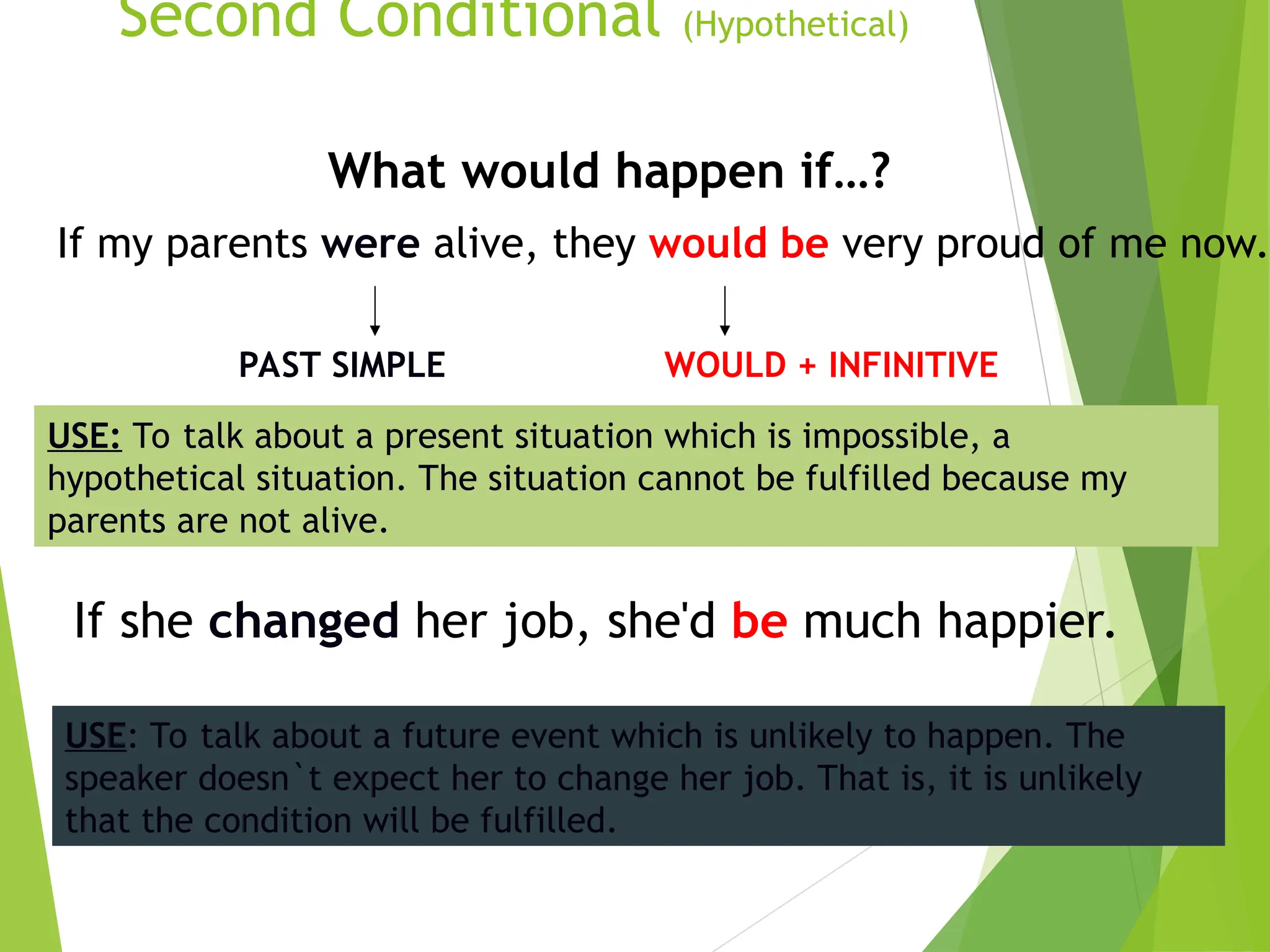 Second Conditional (Hypothetical)
If my parents were alive, they would be very proud of me now.
PAST SIMPLE WOULD + INFINITIVE
USE: To talk about a present situation which is impossible, a
hypothetical situation. The situation cannot be fulfilled because my
parents are not alive.
If she changed her job, she'd be much happier.
USE: To talk about a future event which is unlikely to happen. The
speaker doesn`t expect her to change her job. That is, it is unlikely
that the condition will be fulfilled.
What would happen if…?
 