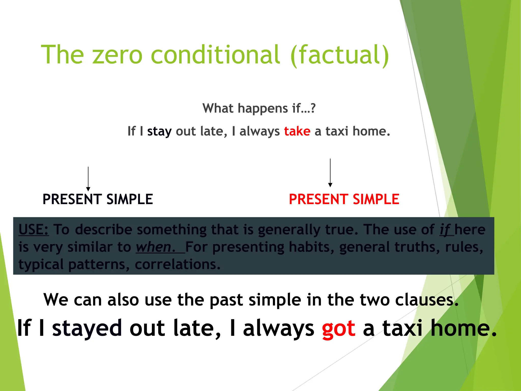 The zero conditional (factual)
What happens if…?
If I stay out late, I always take a taxi home.
PRESENT SIMPLE PRESENT SIMPLE
USE: To describe something that is generally true. The use of if here
is very similar to when. For presenting habits, general truths, rules,
typical patterns, correlations.
We can also use the past simple in the two clauses.
If I stayed out late, I always got a taxi home.
 