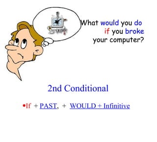 2nd Conditional If   +  PAST ,  +  WOULD + Infinitive What  would  you  do   if  you  broke your computer? 