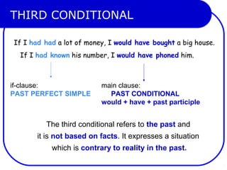 THIRD CONDITIONAL
If I had had a lot of money, I would have bought a big house.
If I had known his number, I would have phoned him.
if-clause:
PAST PERFECT SIMPLE
main clause:
PAST CONDITIONAL
would + have + past participle
The third conditional refers to the past and
it is not based on facts. It expresses a situation
which is contrary to reality in the past.
 